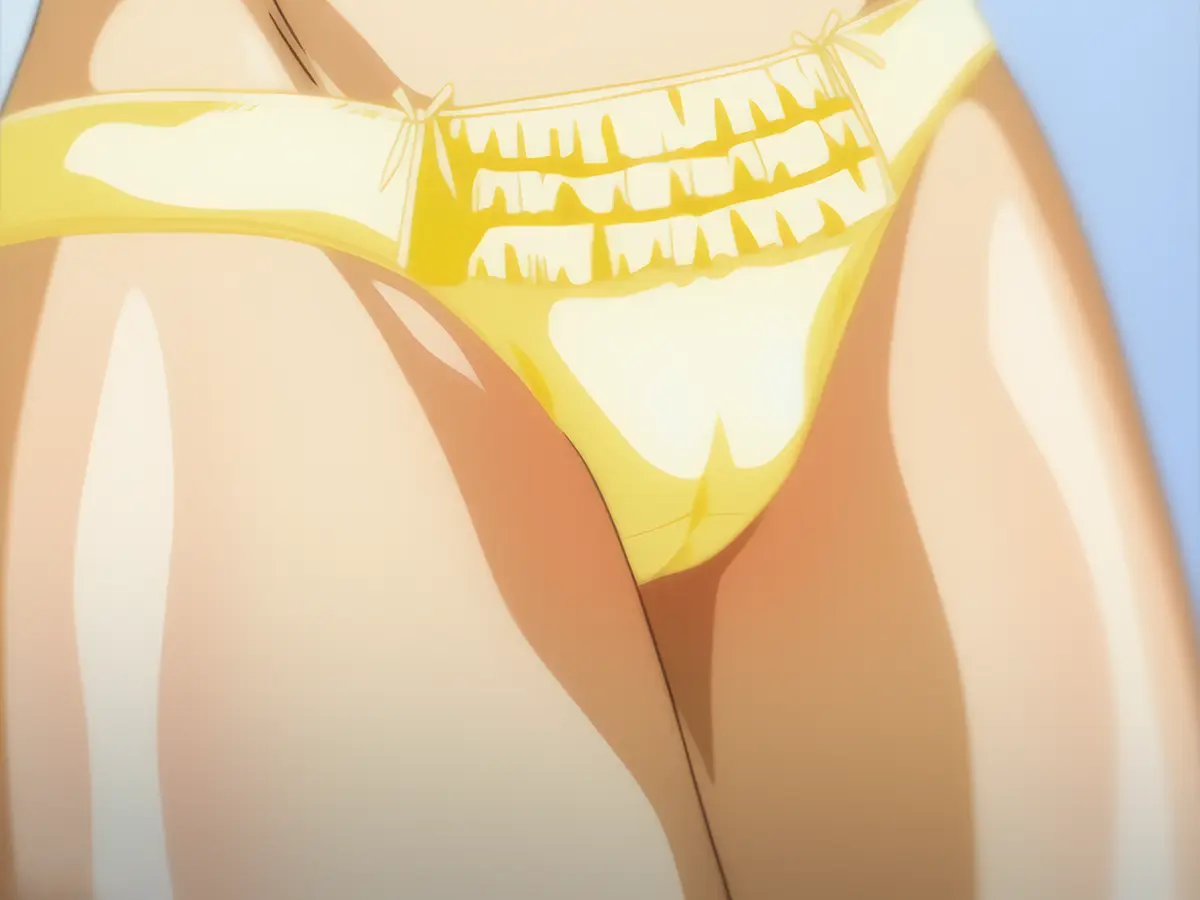 下半身のクローズアップ、フリルの黄色いパンティにリボン、滑らかな太ももと微妙なマンコの輪郭（放課後2 上巻 「羞じらう百合姫はムレて甘く」）